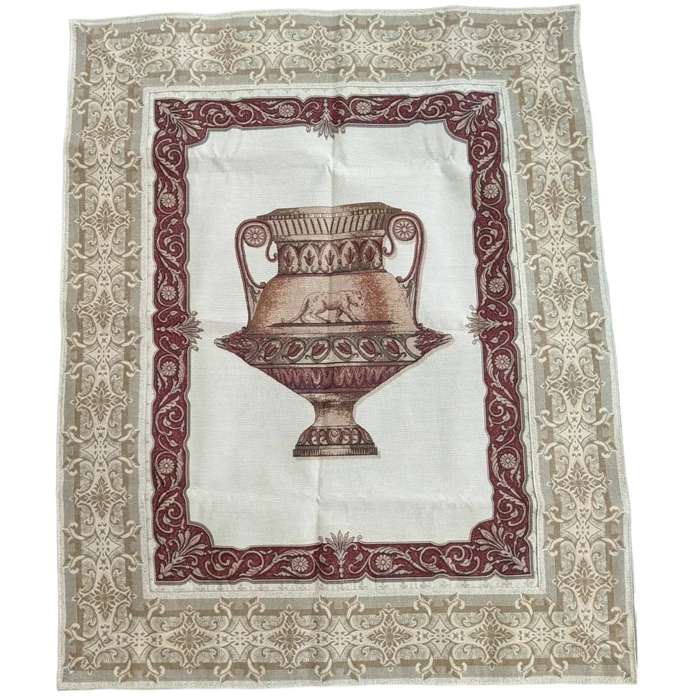 Wall Hanging Tapestry 47” Classical Urn Lioness Puma Burgundy Red Beige Gray